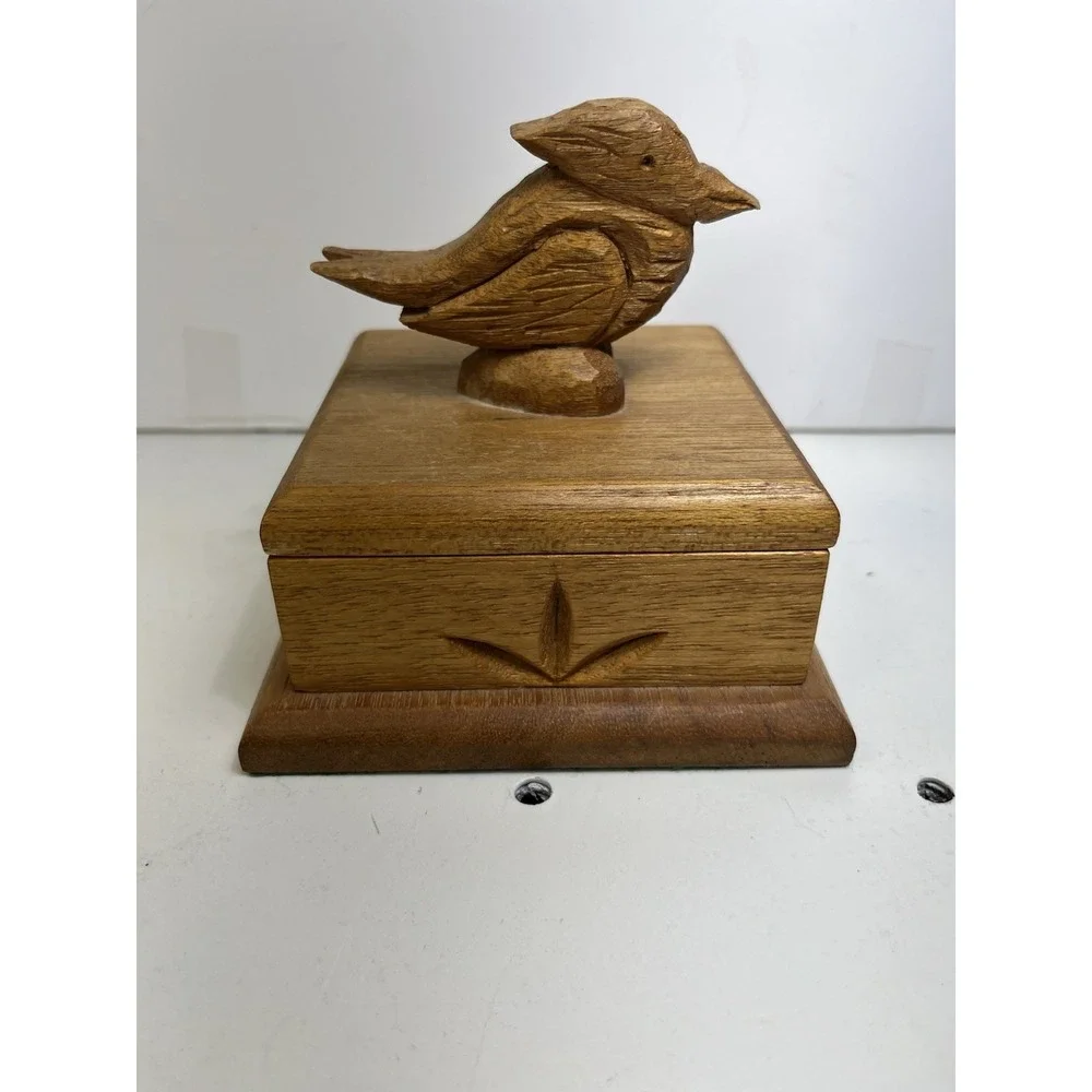 Vintage Hand Carved Wooden Bird Trinket Box Folk Art Boho Cottagecore Decor